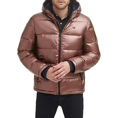 Image of Tommy Hilfiger Men&#039;s Hooded Puffer Jacket, Pearlized Brown, Large