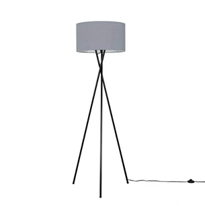 Image of MiniSun Modern Gloss Black Metal Tripod Floor Lamp with a Dark Grey Cylinder Shade