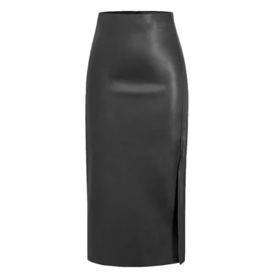 Image of MAOAEAD Women&#039;s Long Black Leather Skirt with High Slit Slimming Waisted Faux Midi Sexy A Line Bodycon Skirts (Black,L)