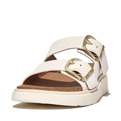Image of Fitflop Women&#039;s GEN FF Buckle Two BAR Leather Slides Sandal, White, 5 UK
