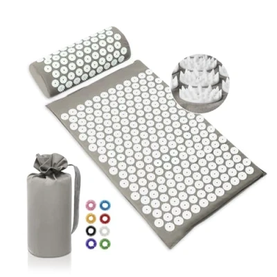 Image of BULZEU Acupressure Mat &amp; Pillow Set, Acupuncture Mat, Spike Massage with 8 Rings For Relieving Back, Neck and Shoulder Pain, Muscle Tension Stress (Gray)