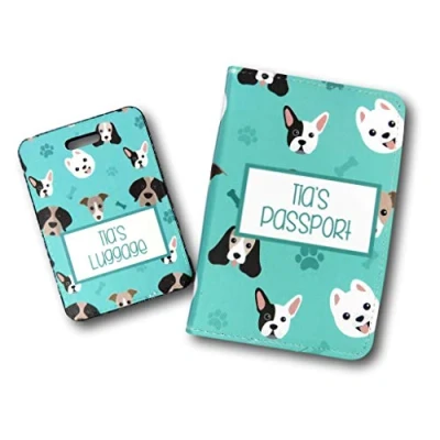 Image of Dog Print Personalised Passport Cover and Luggage tag Set Travel Gift Idea Custom Holder World Accessory for Traveller Vacation