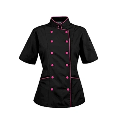Image of Chef Apparel Short Sleeves Women&#039;s Ladies Chef&#039;s Coat Jackets XXL (for Bust 42 43), Black(Pink Trim)