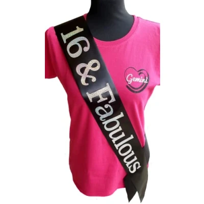 Image of 16th Birthday Sash 16 &amp; Fabulous Beautiful Quality Black Ribbon and Holographic Silver Font