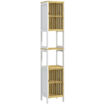 Image of HOMCOM Tall Bathroom Storage Cabinet, Slim Bamboo Cabinet with 2 Open Compartments, Slatted Doors and Adjustable Shelves, White