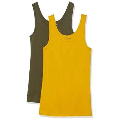 Image of Amazon Essentials Women&#039;s Slim fit Tank, Pack of 2, Dark Olive/Gold, XS