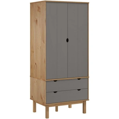 Image of vidaXL Wardrobe OTTA in Brown and Grey 76.5x53x172 cm Solid Pinewood Scandinavian Design 2 Drawer &amp; Compartment Easy Assembly Bedroom Storage