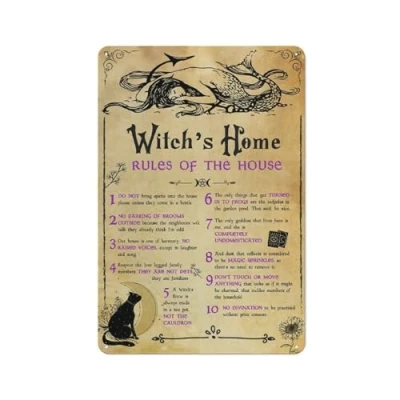 Image of KOPUTE Witch&#039;s Home Rules of The House Halloween Poster, Witchy Decor, Witch Wall Art, Retro Metal Poster Art Kitchen Garden Farm Decoration,tin sign 14X20cm