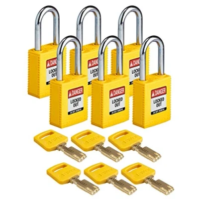 Image of Brady SafeKey Nylon Padlock, Steel Shackle, 38mm x 84mm 19mm, Yellow, Pack of 6