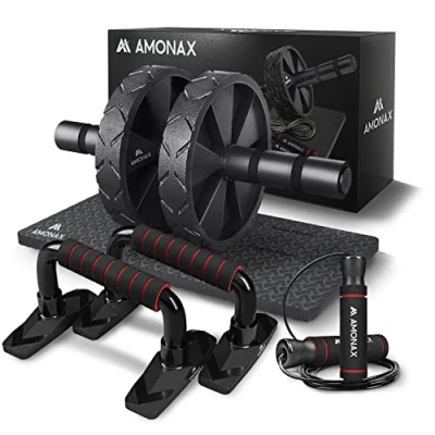 Image of Amonax Gym Equipment for Home Workout (Ab Roller Wheel Set, Skipping Rope, Push up Handles). Fitness Exercise, Strength Training Abs, Weight Loss, Sport Accessories Men Women