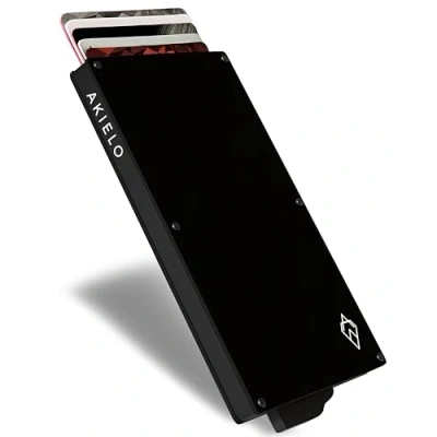 Image of AKIELO RFID Blocking Card Holder with Gift Box Slim Minimalist Metal Blocker Wallet for Men Contactless Credit Protector (Alpha Black Edition)