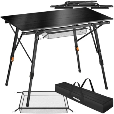 Image of TecTake® Premium Camping Table, Adjustable Height, Lightweight Aluminium, Weather Resistant, Easy Setup with Storage Net, fold away table Includes Dual Handle Carry Bag 90x52x47 70 cm black