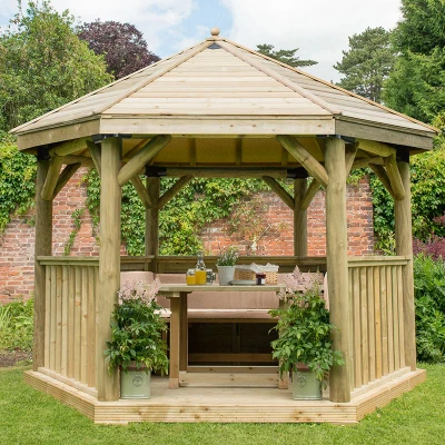 Image of 12&#039;x10&#039; (3.6x3.1m) Luxury Wooden Furnished Garden Gazebo with Traditional Timber Roof Seats up to 10 people