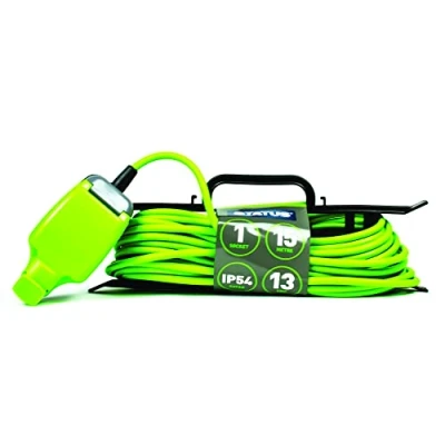 Image of STATUS 1 Socket Extension Lead, 15m Green Waterproof Cable, 13 amp Weatherproof Socket, 1W15M13AIP54HFS6