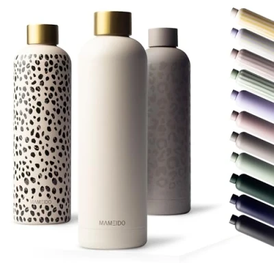 Image of MAMEIDO Metal Water Bottle 1l, 750ml &amp; 500ml Leak Proof Insulated Bottle. BPA Free Stainless Steel, Thermo Flask (Ivory Beige Gold, 1000ml)