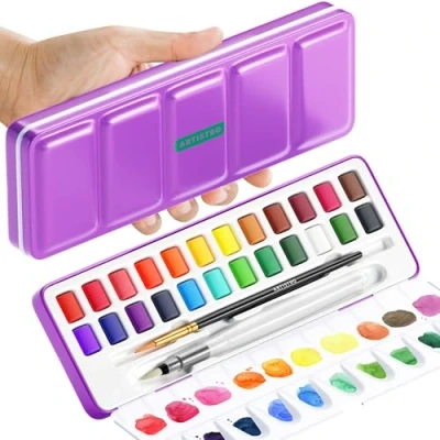 Image of ARTISTRO Watercolor Paint Set 24 Colors, Travel in Portable Box, Water Color Sets for Kids, Mini Colors Adult Artists, Beginners, Amateur Hobbyists