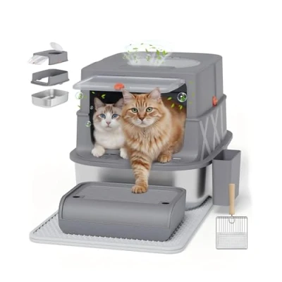 Image of Enclosed XL Stainless Steel Cat Litter Tray with Lid, No Leak &amp; Odour Free Metal Box Scoop, Mat Anti Tracking Step, Detachable Extra Large Easy to Clean, 60x40x30cm