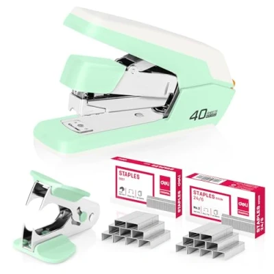 Image of Deli Effortless Desktop Stapler, Heavy Duty 40 50 Sheet Capacity, One Finger, No Effort, Includes Staples &amp; Staple Remover, Green