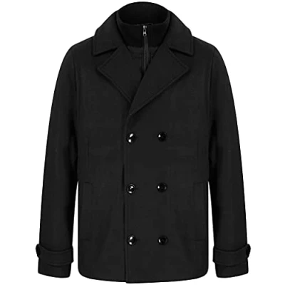 Image of Tokyo Laundry Men&#039;s Uxmal Double Breasted Pea Coat with Funnel Neck Insert Black L