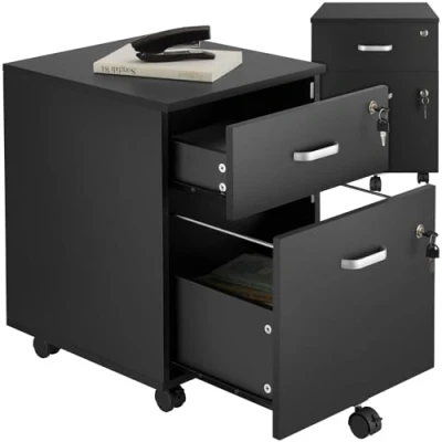 Image of TecTake® Filing Cabinet with 2 Lockable Drawers &amp; Sliding Rails, Mobile Storage 360 Castors, Space Saving, for Under Desk Storage, Incl. Keys, Home Office Black