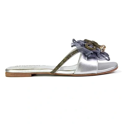 Image of Womens Flat Slip On Slider Ladies Diamante Strap Bow Flip Flops Silver Summer Mule Shoes Size 8
