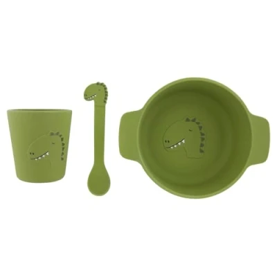 Image of Trixie Silicone First Meal Set Mr. Dino Baby Feeding with Suction Bowl, Spoon &amp; Cup Soft, Durable, and Non Toxic Perfect for Led Weaning Toddlers Birth Gift