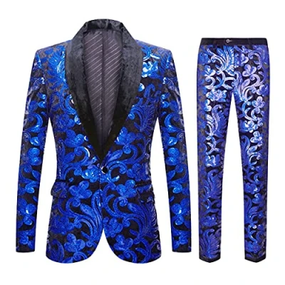 Image of CARFFIV Men Fashionable Floral Pattern Sequins Two Pieces Set Suits(XL, Royal Blue)
