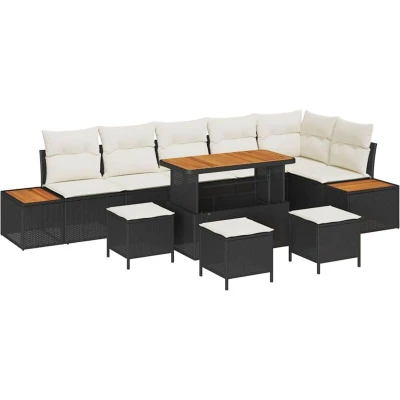 Image of vidaXL 10 Piece Garden Sofa Set with Cushions Black Poly Rattan Acacia