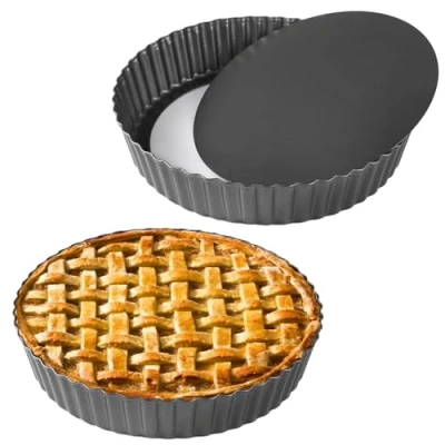 Image of CACAZI Pie Dish 2 Packs Deep Tins 11’’, Non Stick Tart Pans with Removable Bottom, Carbon Steel Fluted Round Quiche Baking Accessories