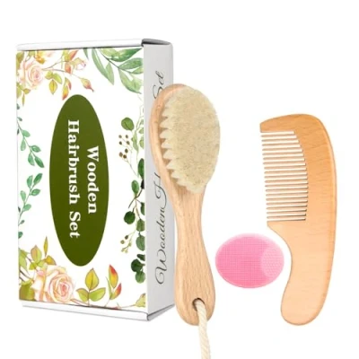 Image of Baby Wooden Brush and Comb Set, Set of 3 Soft Goat Hair with Find Teeth Cradle Cap for Newborns Toddlers Newborn Boys Girls (Pink)