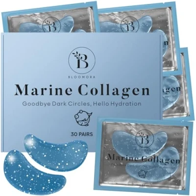 Image of BLOOMORA Under Eye Gel Patches Marine Collagen for Puffy Eyes &amp; Dark Circles Hyaluronic Acid Pads Reducing Appearance of Puffiness Hydration 30 Pairs