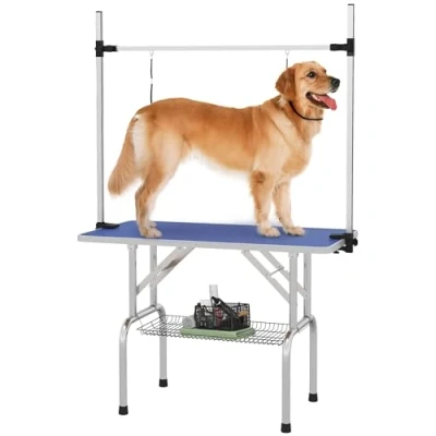 Image of PawHut Metal Adjustable Dog Grooming Table Rubber Top 2 Safety Slings Mesh Blue