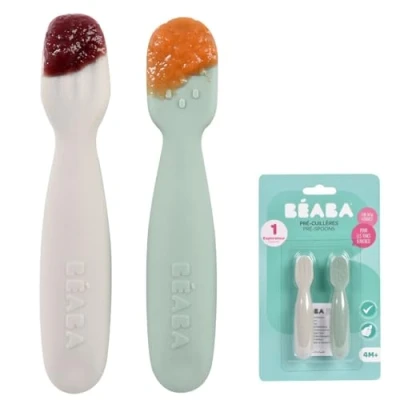 Image of BEABA, Set of 2 1st Age Baby Spoons, Silicone Teaspoons, Cutlery, from 4 Months, Ergonomic Shape, Different Textures, Handle, Sage Green/Velvet Grey