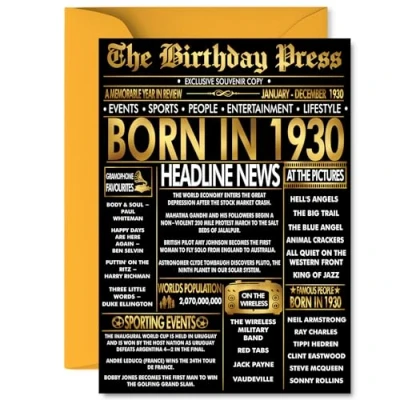 Image of Gold 95th Birthday Card for Men Women Black &amp; Golden Newspaper Born in 1930 Happy 95 Cards Husband Auntie Grandma Grandad Uncle Nanny, A5 Bday Greeting