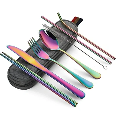 Image of DEVICO Camping Cutlery, Travel Cutlery Set with Case, Portable Stainless Steel Utensils Include Knife Fork Spoon Chopsticks Straws Brush (Rainbow)
