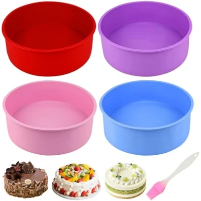 Image of CECOMBINE 4Pcs 6 Inch Silicone Cake Tins for Baking, 15CM Round Mold Pan Moulds Tins, Non Stick and Quick Release Baking Pans Layer Cake, Rainbow Party Kitchen