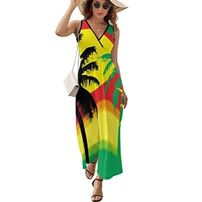 Image of Palm Trees in Jamaica Colors Maxi Dress for Women Sleeveless Long Summer Dresses Beach A Line L