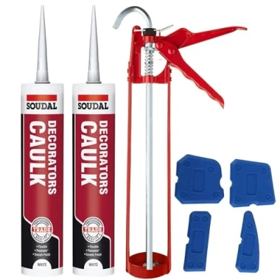 Image of Decorators Caulk White Set Bundle With Sealant Gun, Silicone Tool Smoothing And Soudal Gap Crack Filler Acrylic Adhesive