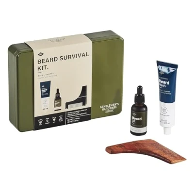 Image of Gentlemen&#039;s Hardware Beard Wash and Oil, Brush Survival Grooming Kit Gift Set, 3 Piece, Oakmoss
