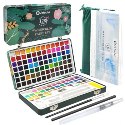 Image of Artecho Watercolour Paint Set 128 Colours in Portable Box with Water Colour Pallet, Papers and Brushes, Ideal for Adults, Artists Hobbyists