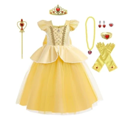 Image of Lito Angels Princess Belle Beauty and the Beast Fancy Dress Up Costume Party Ball Gown with Accessories for Kids Girls Age 5 6 Years, Yellow (Tag Number 130)