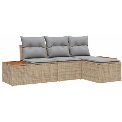 Image of vidaXL 4 Piece Garden Sofa Set with Cushions Beige Poly Rattan Acacia