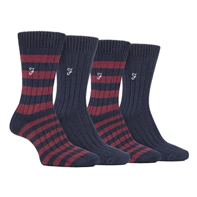 Image of Farah 4 Pair Bamboo Striped Boot Socks Designer Embroidered for Summer (6 11, Navy/Berry)