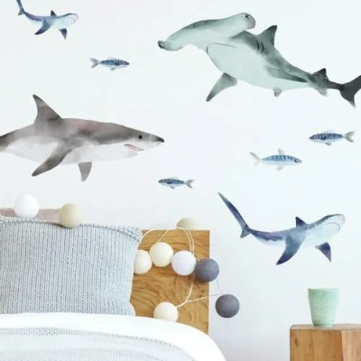 Image of RoomMates RMK4311SCS Sharks Peel and Stick Wall Decals, Blue, Gray, White