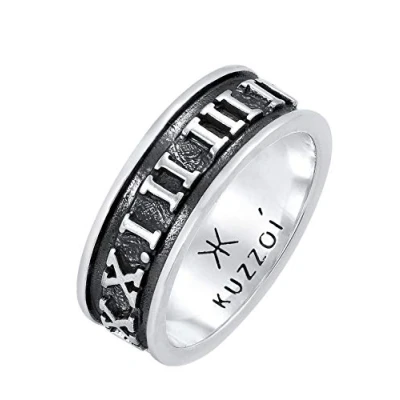 Image of Kuzzoi Men&#039;s Ring Oxidised Band Solid (8mm) in 925 Sterling Silver, Wide Jewellery Accessory with Roman Numerals, for Men Size 60 66, 0602430921, Silver