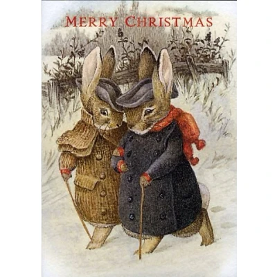 Image of Beatrix Potter Merry Christmas Walking Rabbits Greeting Card