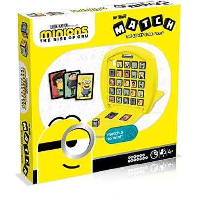 Image of Top Trumps Match Minions Rise of Gru board game, Play with Kevin, Stuart, Bob, Belle Bottom and young Gru, Race to 5 the same characters in a row, travel gift for aged 4