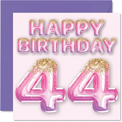 Image of 44th Birthday Card for Women Pink &amp; Purple Glitter Balloons Happy Cards 44 Year Old Woman Mum Cousin Friend Sister Auntie, 145mm x Forty Four Fourth Greeting Gift