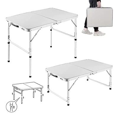 Image of Folding Table 3ft Lightweight Extra Strength Aluminum Frame Camping 2 Adjustable Heights with Carry Handle Buffet Wedding Market Garden Party Boot Stall Picnic Trestle Indoor Outdoor Foldaway