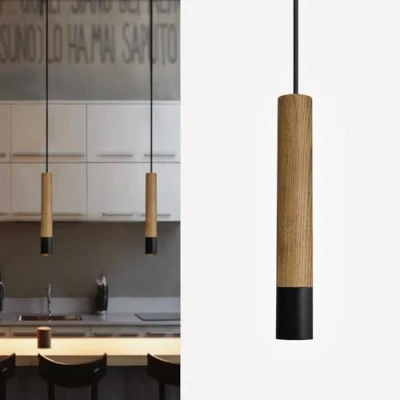Image of ouglres Black Light Fittings,Cylinder Pendant with Metal&amp;Vintage Wood,Height Adjustable,Modern Tube Ceiling Lights,Stylish Hanging for Kitchen,Dining Table,Bedroom Nightstand,Gu10,1pack